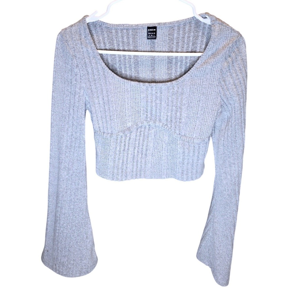 Shein Gray Ribbed Knit Crop Top Long Bell Sleeve Scoop Neck Small